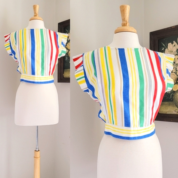Vintage Tops - 80s Striped Cap Sleeve Button Back 1980s Vintage Open Back Cropped Length Blouse